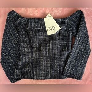 NWT Zara size XS off the shoulder straight neck blue tweed side zipper top